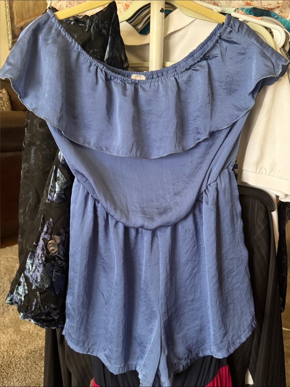 Off-Shoulder Blue Romper with Ruffle Yoke - Picture 8 of 8